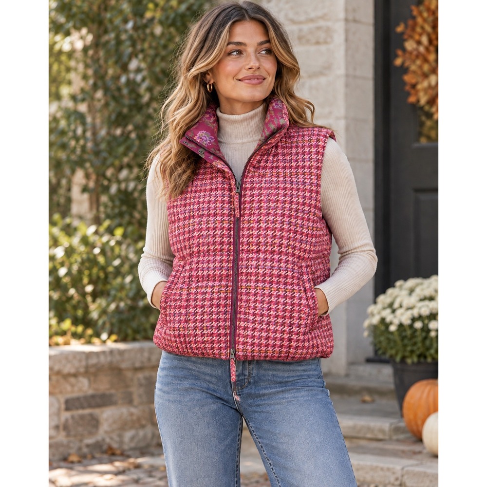 Sundance Tundra Bloom Reversible Puffer Vest Hooded Floral Houndstooth XXL - Picture 2 of 15